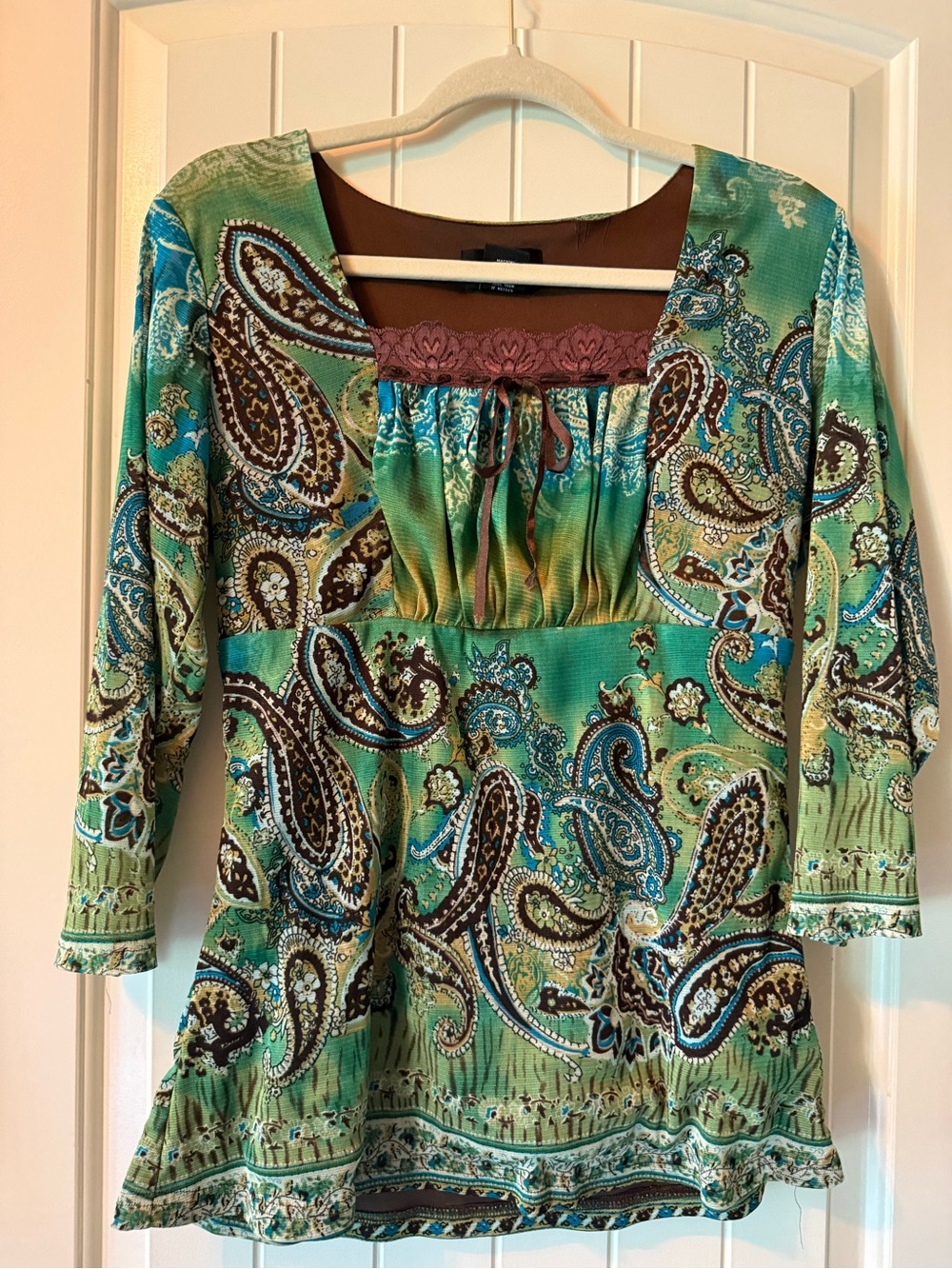 Allison Morgan Green Paisley Scoop-Neck Tunic with Brown Trim